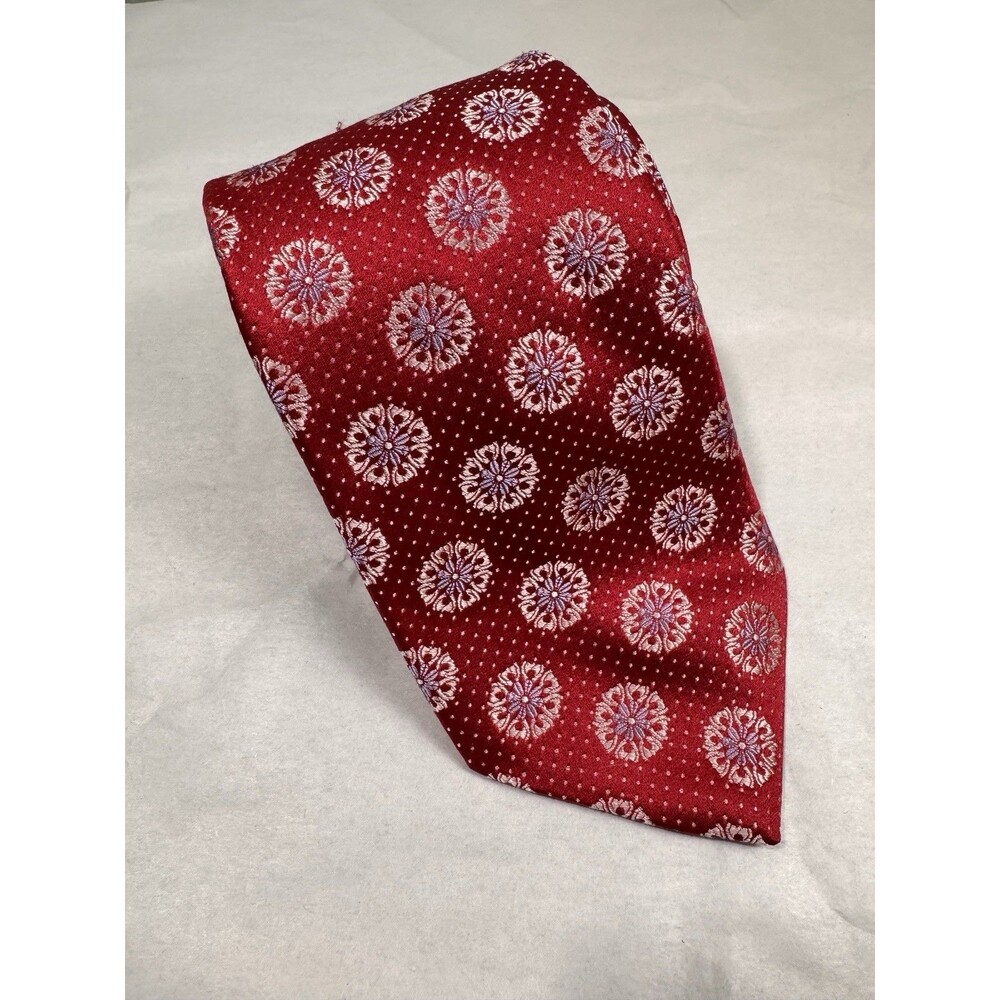 IKE BEHAR Red Floral  7 Fold Tie 100% Silk Made in USA Long 64"x4"